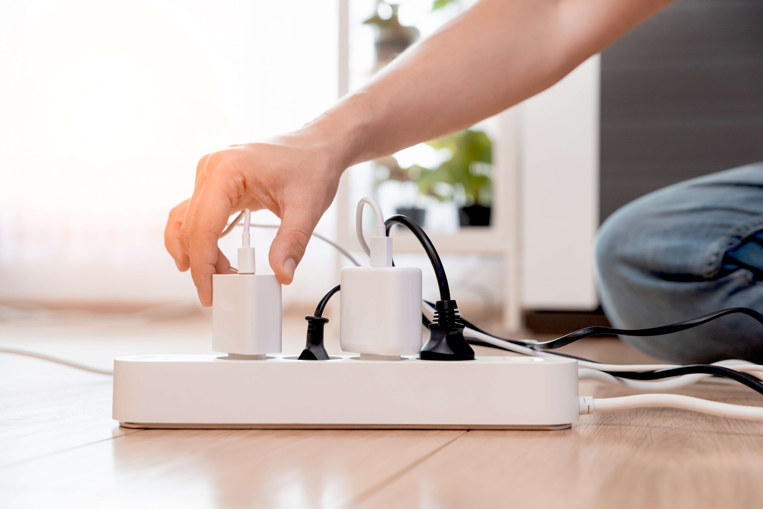 Eine Person steckt ein Ladegerät in eine weiße Steckdosenleiste auf einem Holzboden.