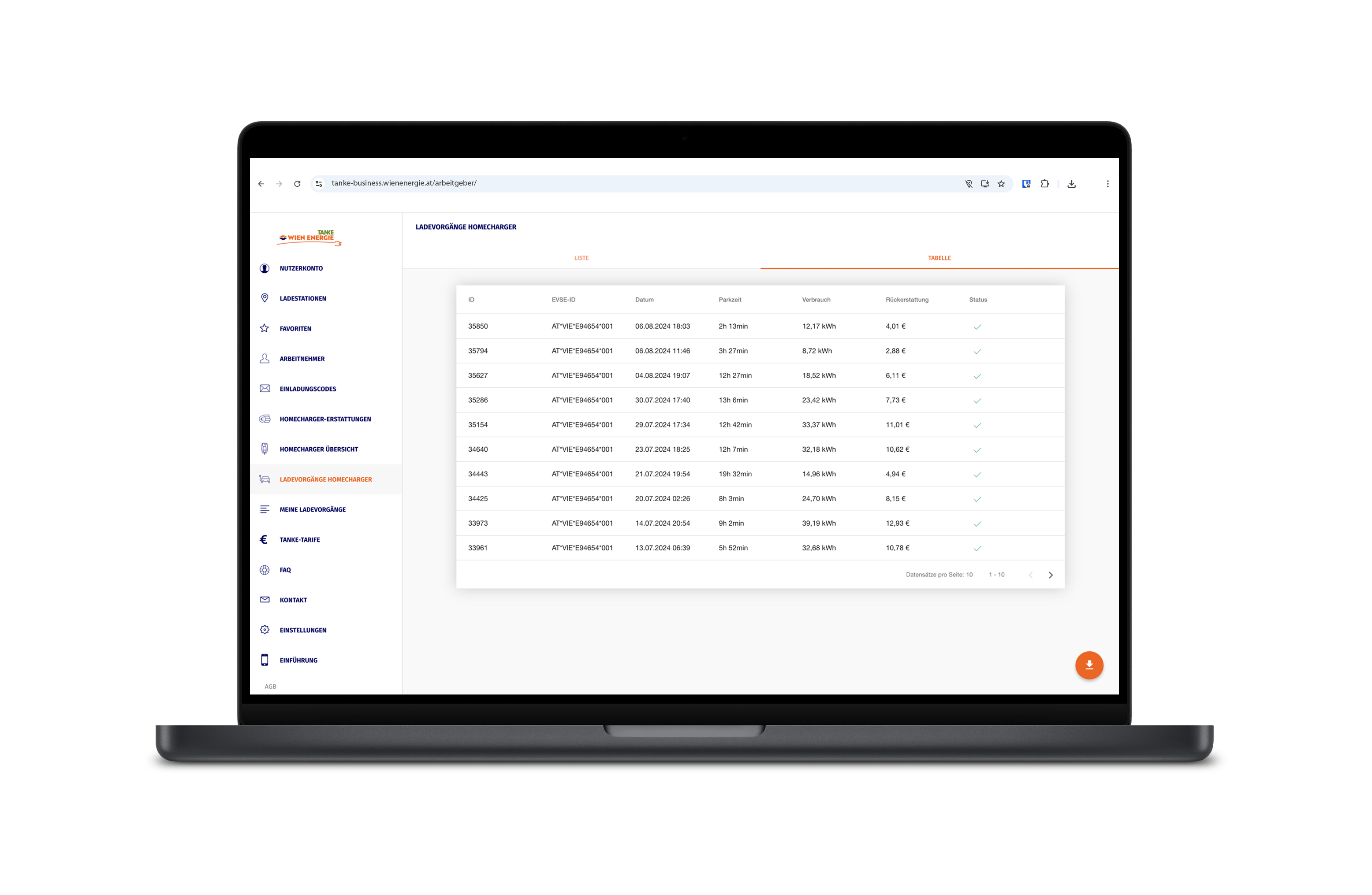 Auf einem Laptop-Bildschirm wird ein Web-Dashboard mit einer Tabelle mit Daten und Menüoptionen auf der linken Seite angezeigt.