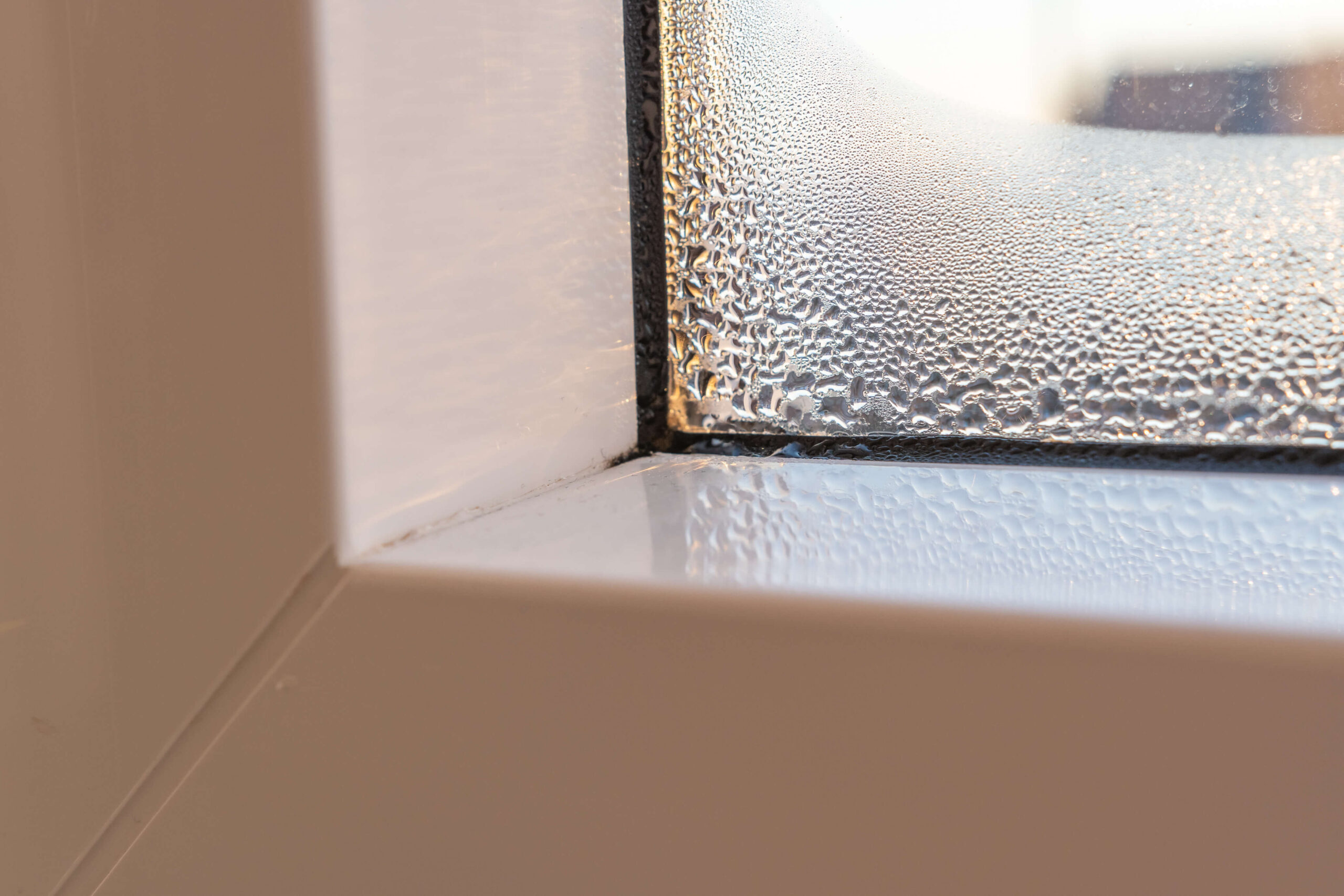 Nahaufnahme von Kondensation auf der Innenseite eines doppelt verglasten Fensters in einem weißen Fensterrahmen.
