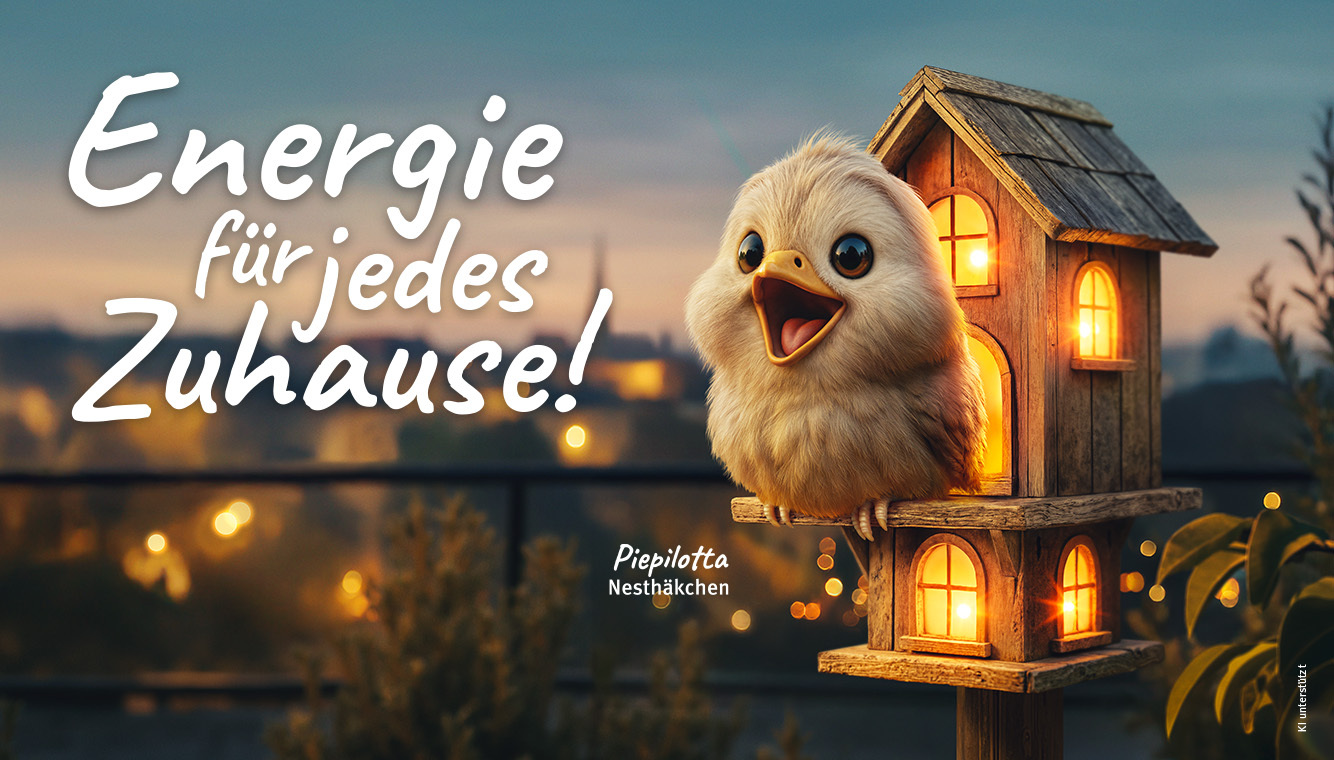 Energie für jeded Zuhause - Vogerl in beleuchtetem Vogerlhaus (KI-unterstützt)