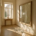 Ein großer Spiegel mit einem zerbrochenen Zentrum hängt an einer Wand; Glasscherben liegen verstreut auf dem Holzboden darunter.