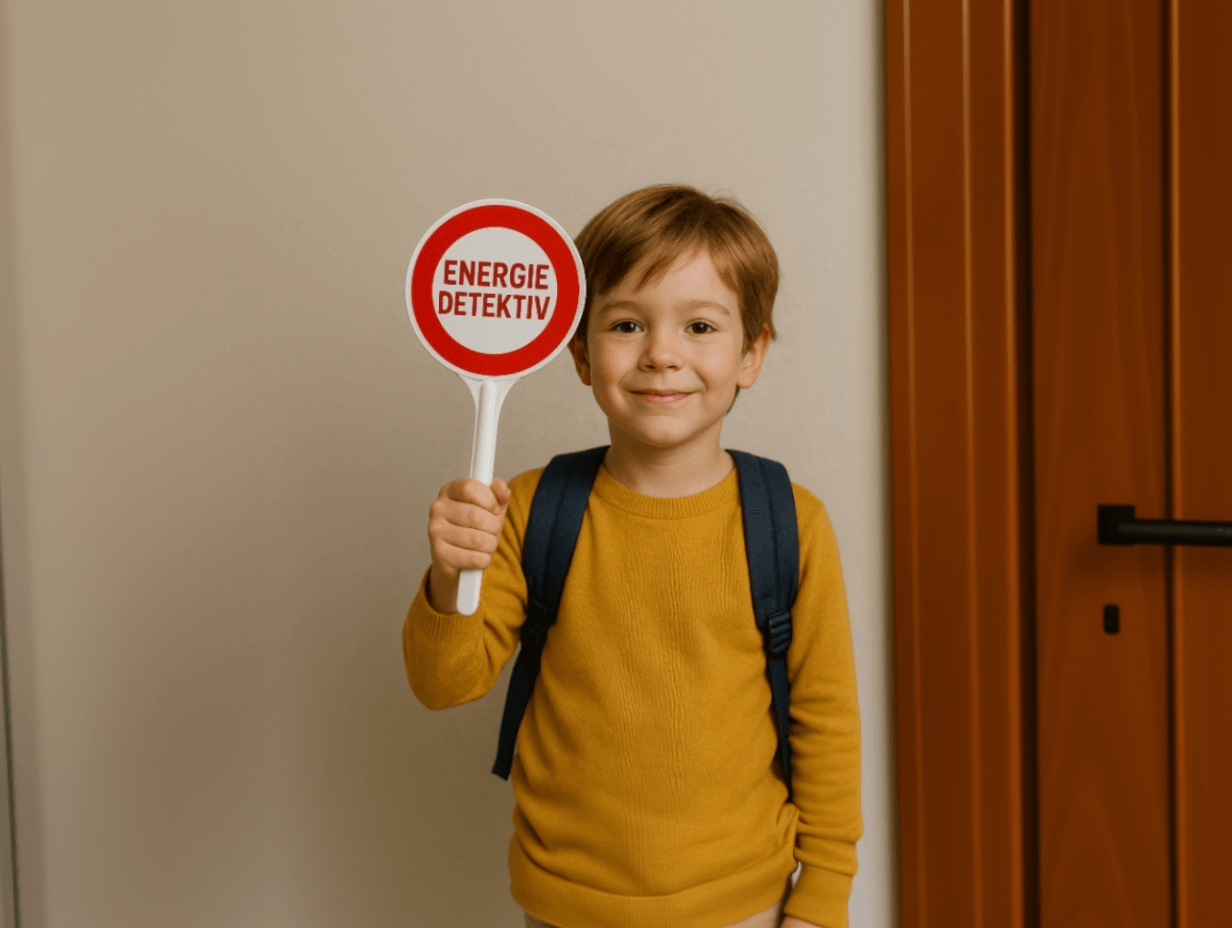 Ein lächelnder Junge mit einem Rucksack hält ein Schild mit der Aufschrift "ENERGIE DETEKTIV".