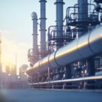 Große Industrierohrleitungen und Strukturen in einer Ölraffinerie bei Sonnenuntergang.