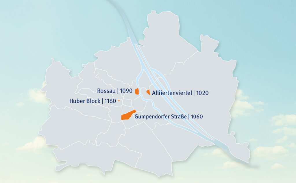 Pioniergebiete Übersicht: Rossau 1090, Aliiertenviertel 1020, Huber Block 1160, Gumpendorfer Straße 1060