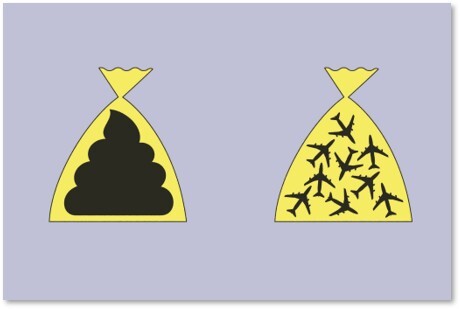 Zwei gelbe Tüten, von denen eine die Form eines Hundekots hat und die andere mit Flugzeugsilhouetten gefüllt ist, sind vor einem hellvioletten Hintergrund abgebildet – ein spielerischer Vergleich der Menge an Hundekot mit dem Gewicht von 9 Jumbojets.