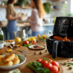 Schwarze Heißluftfritteuse mit gebratenem Hähnchen auf einer Küchenarbeitsplatte, umgeben von frischem Gemüse und Lebensmitteln.
