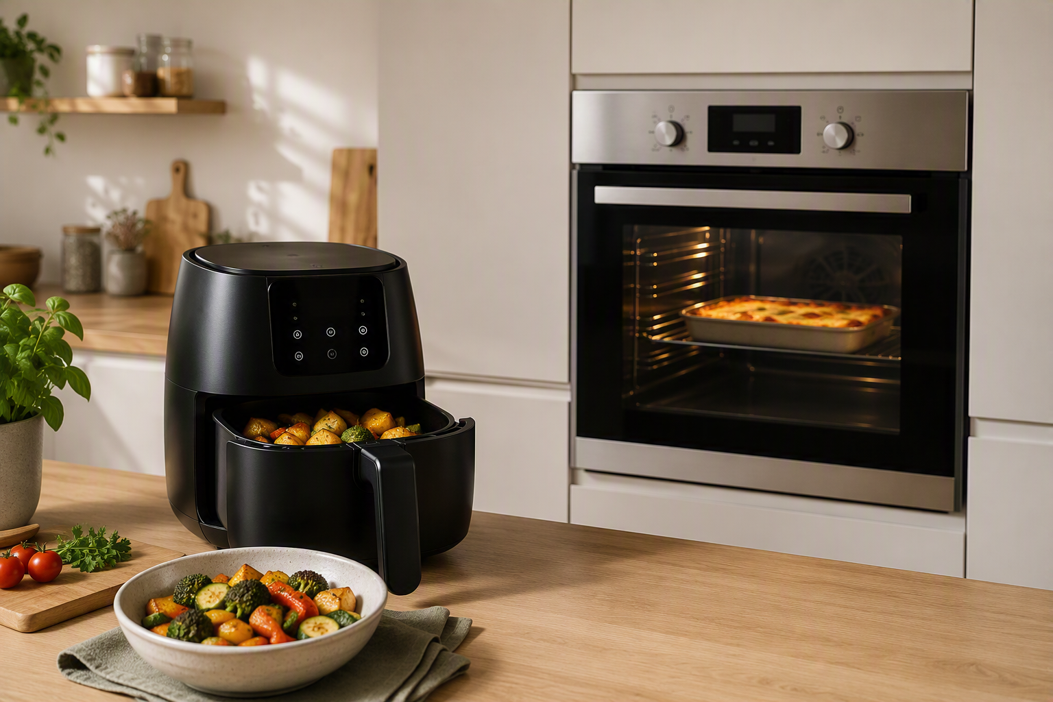 Schwarze Heißluftfritteuse mit gegartem Gemüse auf einer Küchenarbeitsplatte, im Hintergrund ein Backofen mit einem Auflauf.
