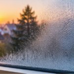 Beschlag auf einer Fensterscheibe mit Blick auf Bäume und Häuser bei Sonnenuntergang.