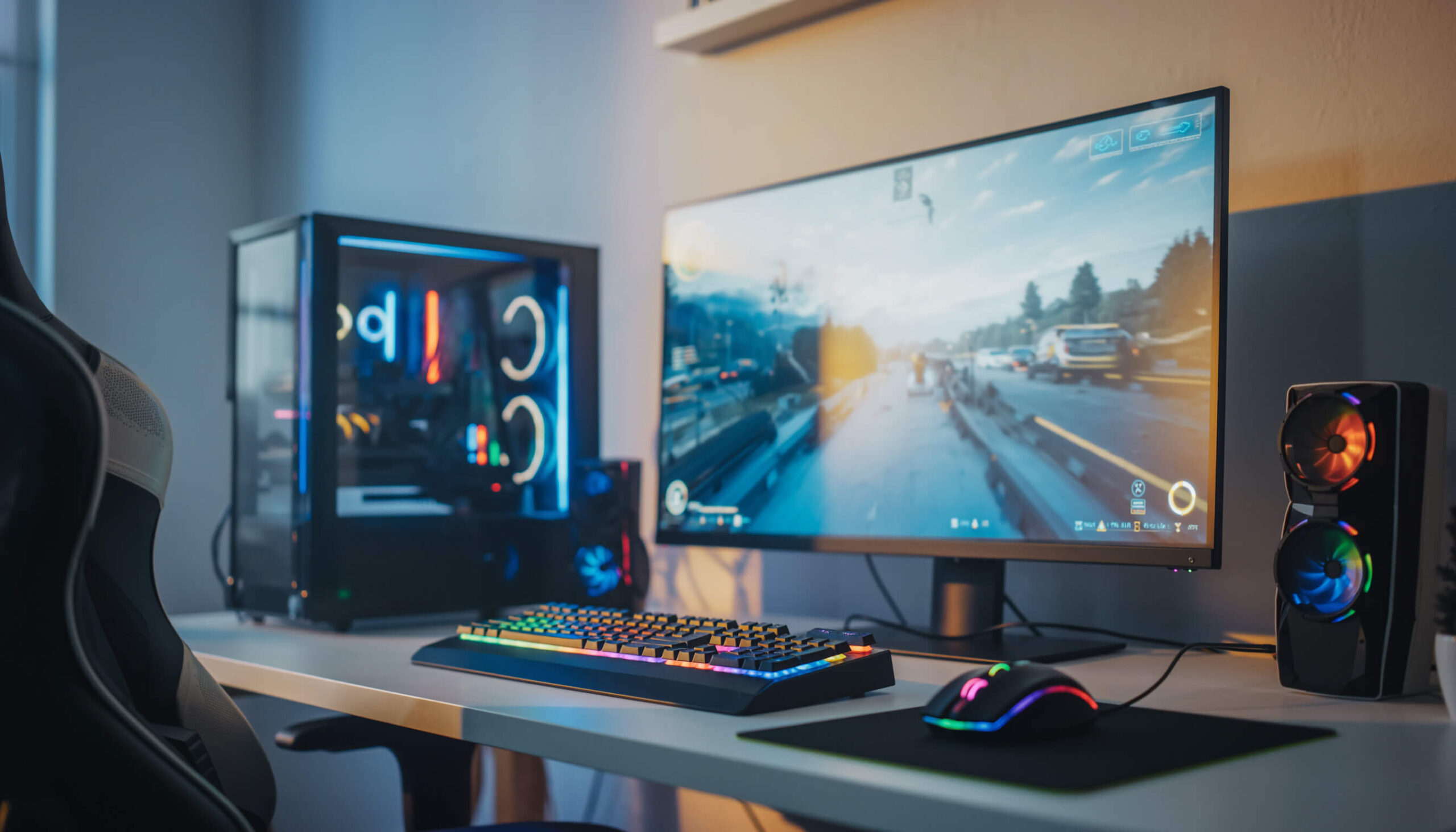 Ein Gaming-Computer-Setup mit beleuchteter Tastatur, Maus und Monitor, auf dem ein Rennspiel angezeigt wird.