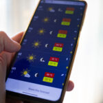 Eine Hand, die ein Smartphone hält, auf dem eine Wettervorhersage für eine Woche angezeigt wird.