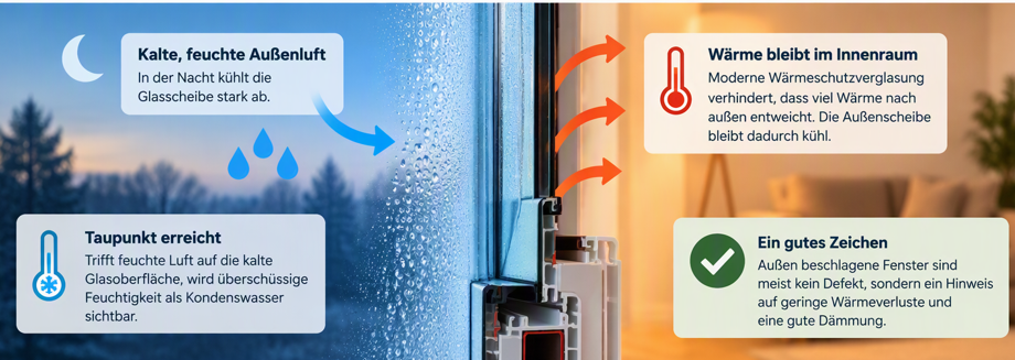 Infografik zur Erklärung von Fensterbeschlag aufgrund von Wärmedämmung und Außentemperatur.
